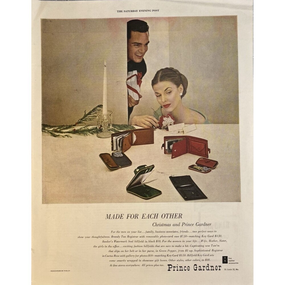 Prince Gardner Billfolds "Made for each other for Christmas" Print Ad 1940's